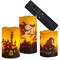 3 Pieces Halloween Flameless Candles with Remote Timer Real Wax Realistic Flickering Battery Operated LED Pillars with Decals Pumpkin Castle Bat Spider Witch for Halloween Party Decorations